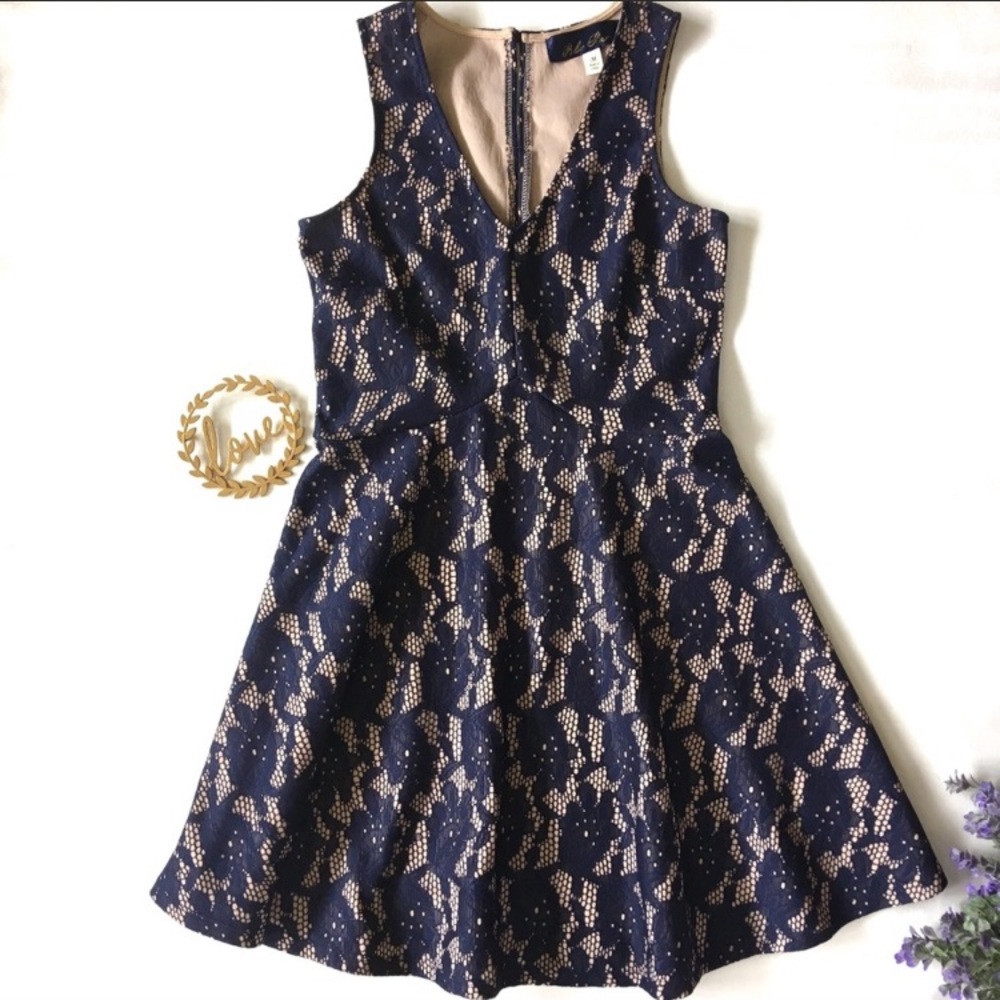 Blue Rain Francesca’s Lace Blue and Tan Dress
